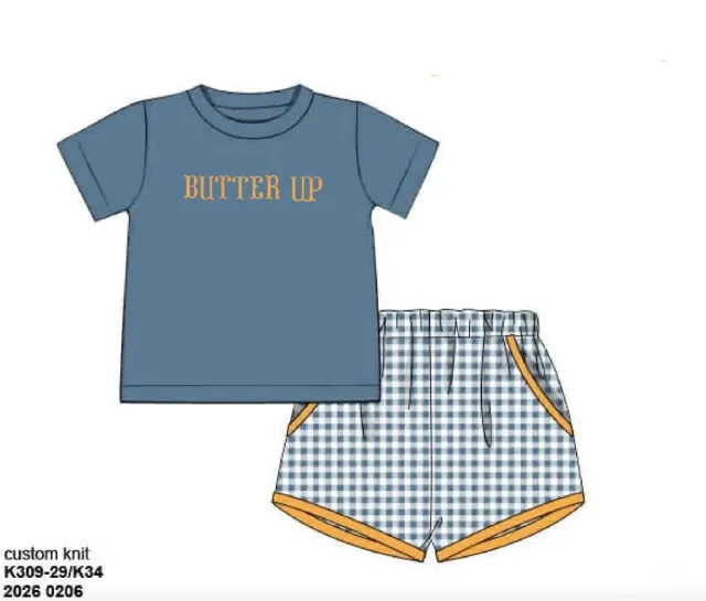 Busy Bee Smocks Butter Up shortie set stone blue tricot maat 3T