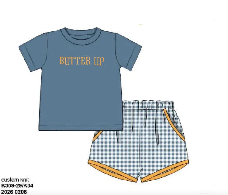 Busy Bee Smocks Butter Up shortie set stone blue tricot maat 3T