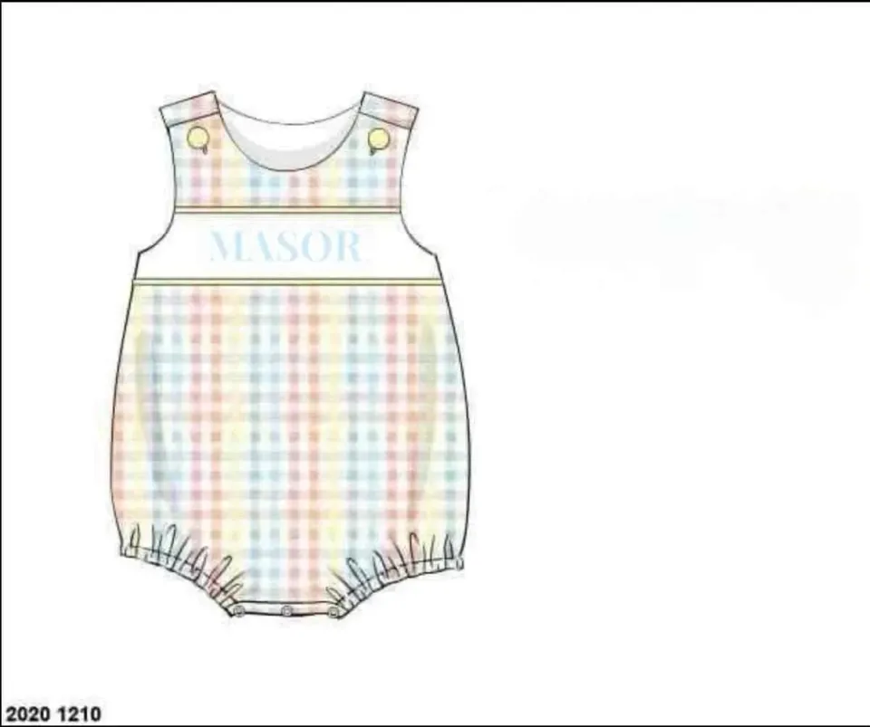 Busy Bee Smocks Spring Plaid Boys Knit Bubble Masor romper 3T met naam