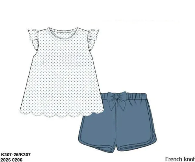 Busy Bee Smocks Neutral French Knot Blue Stone shortset zonder monogram