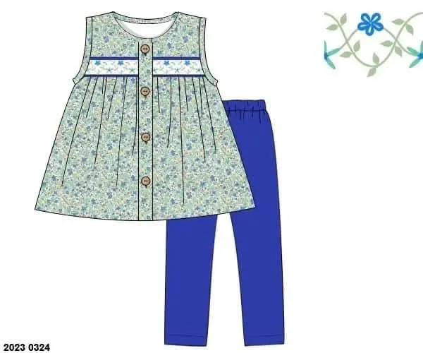 Busy Bee Smocks Blue Floral leggingset 2T meisjes zacht