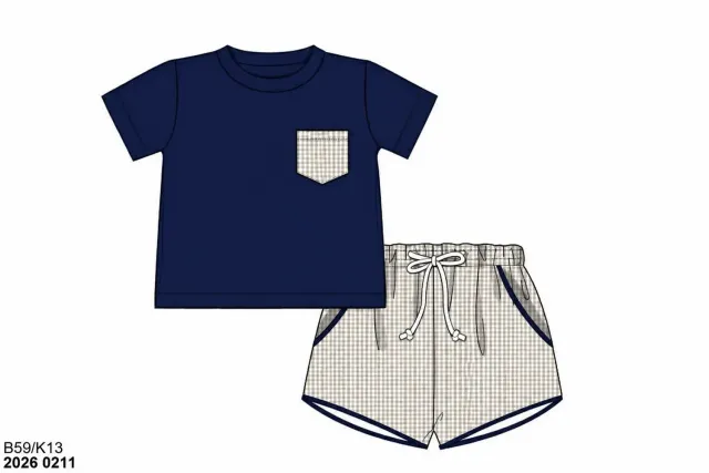 Busy Bee Smocks Navy Tan Gingham shortset jongens geweven