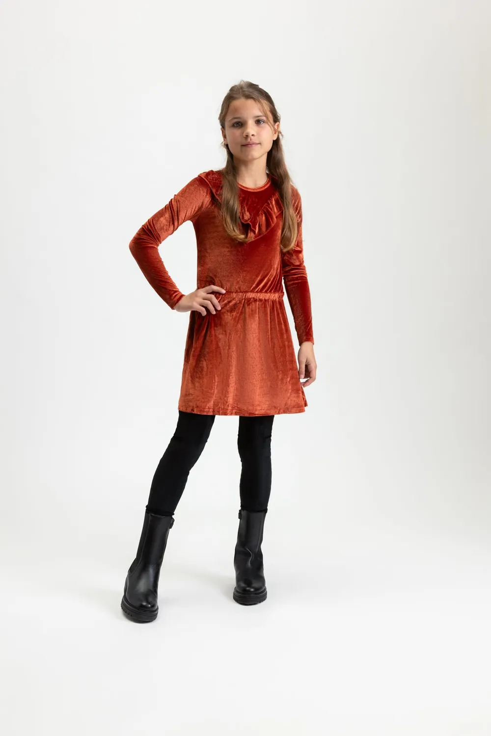 4PRESIDENT Amber Rust jurk lange mouw velvet meisjes