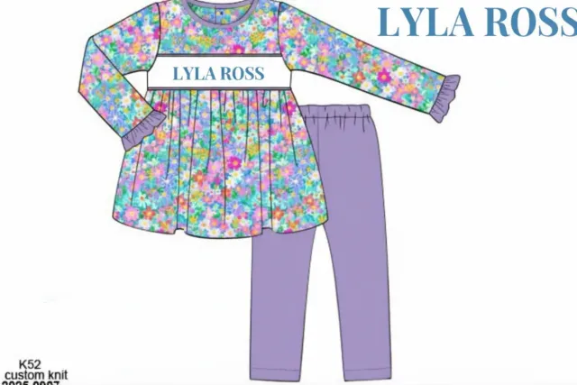 Busy Bee Smocks Lilac Blooms leggingset 4T Lyla Ross lila