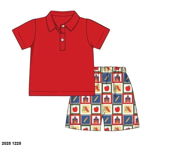 Busy Bee Smocks Schoolhouse Patchwork poloset 2T jongens