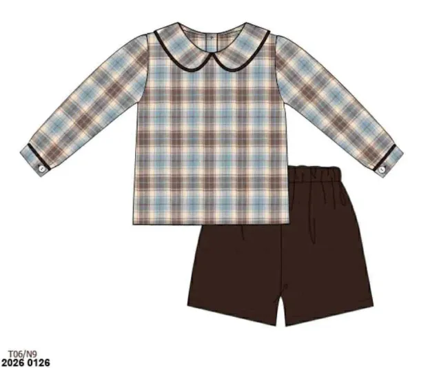 Busy Bee Smocks Posey & Plaid shortset jongen 5 ribfluweel