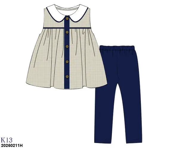 Busy Bee Smocks Navy & Tan Gingham leggingset gebreid