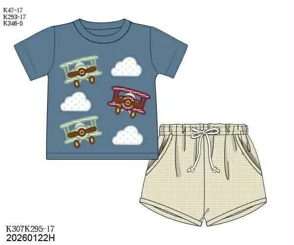 Busy Bee Smocks Airplane Appliqué shortset blauw