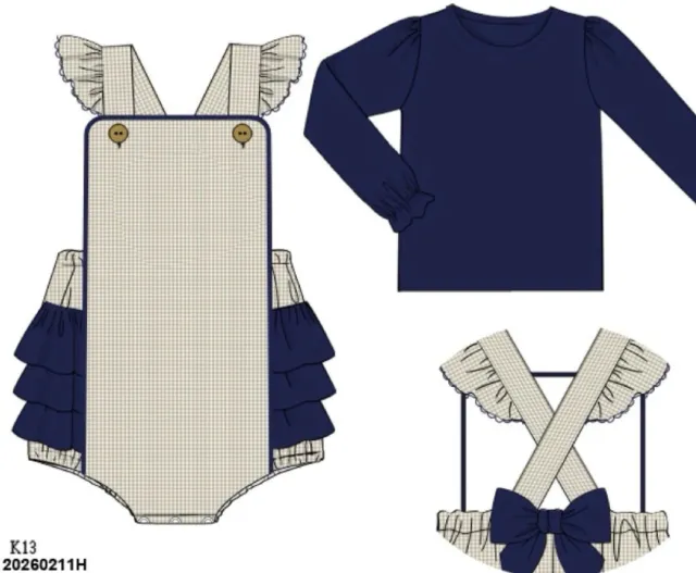 Busy Bee Smocks Navy Tan Gingham bubble 9M ruit