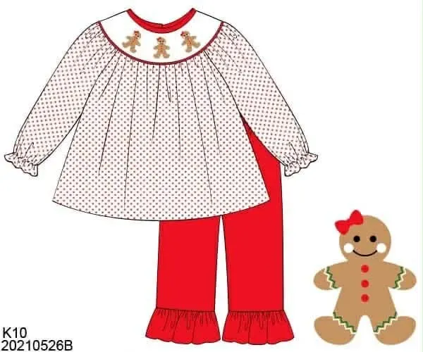 Busy Bee Smocks Smocked Gingerbread broekset 4T kerst geborduurd