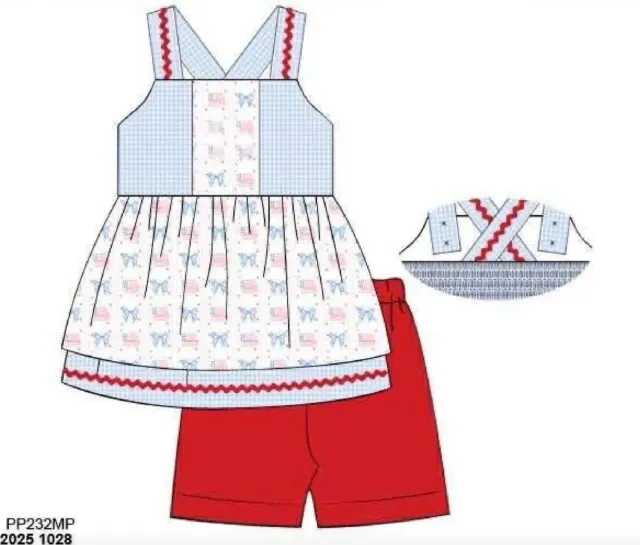 Busy Bee Smocks Let Freedom Ring short set geweven maat 9M
